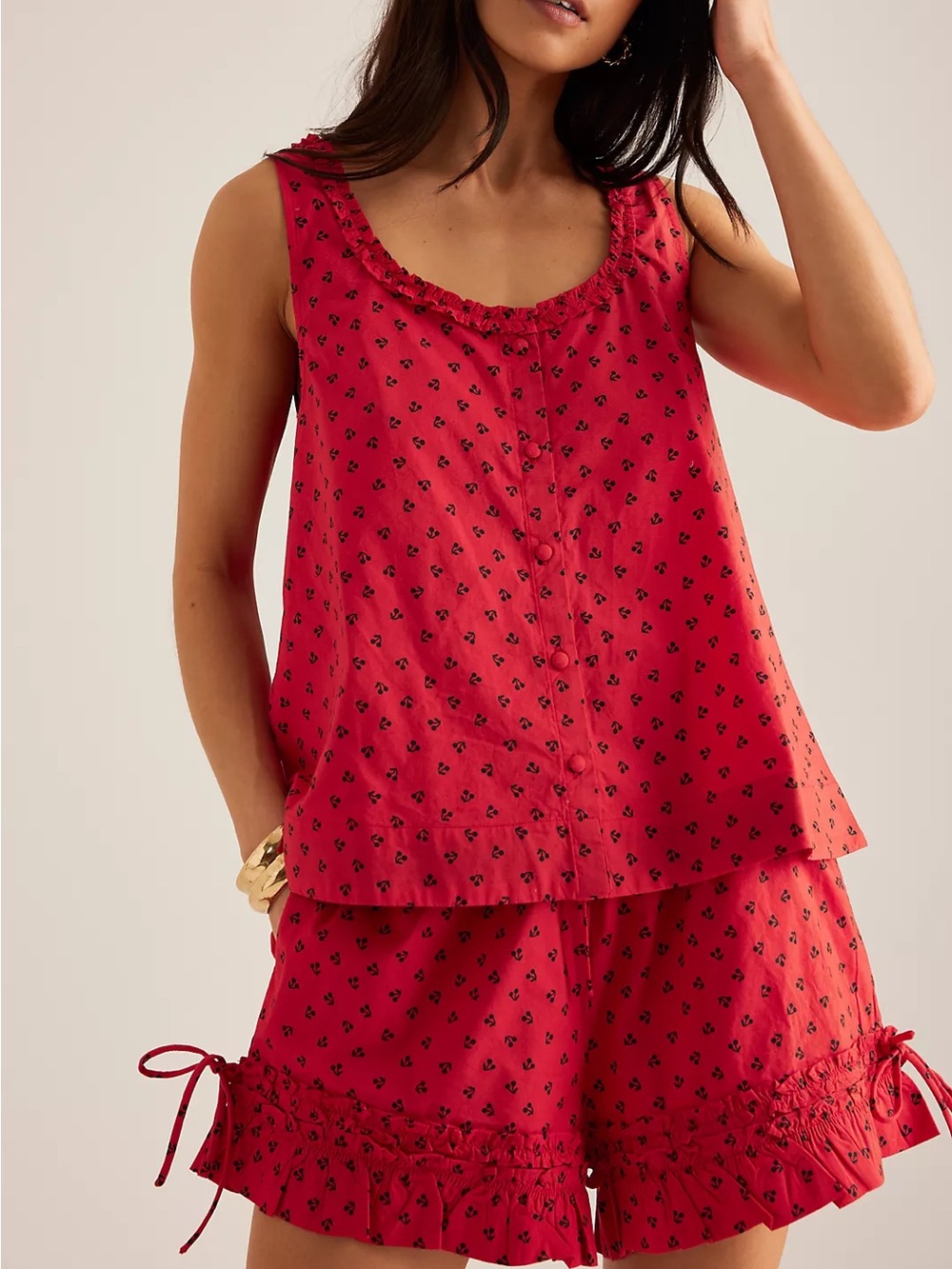 Damson Madder Mafalda Cherry Print Cotton Top & Shorts Set Red Size UK 12 US 8